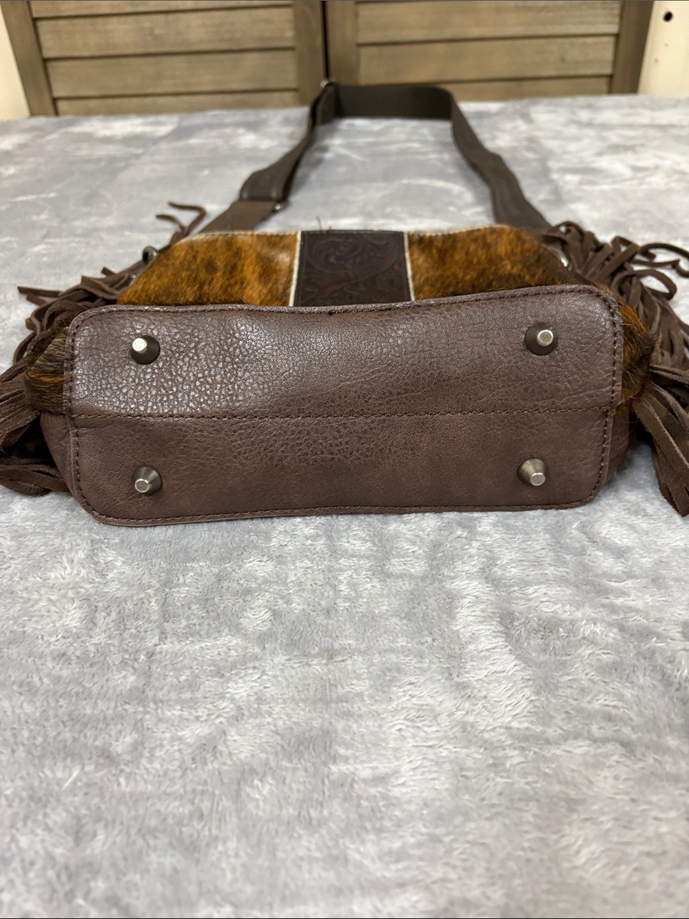 Brown Haircalf Crossbody with Tooled Leather with Conceal Weapon Pocket - Picture 6 of 7